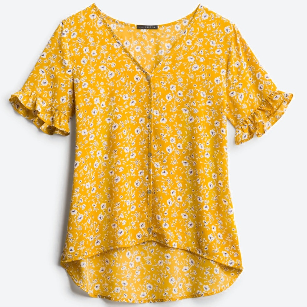 West Kei XL Clabon Ruffle Sleeve Blouse in Yellow Floral Print